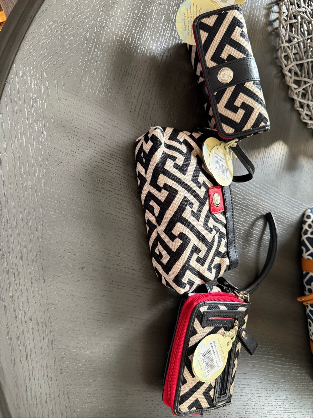 Black & Cream Patterned Wristlet Wallet with Red Accents